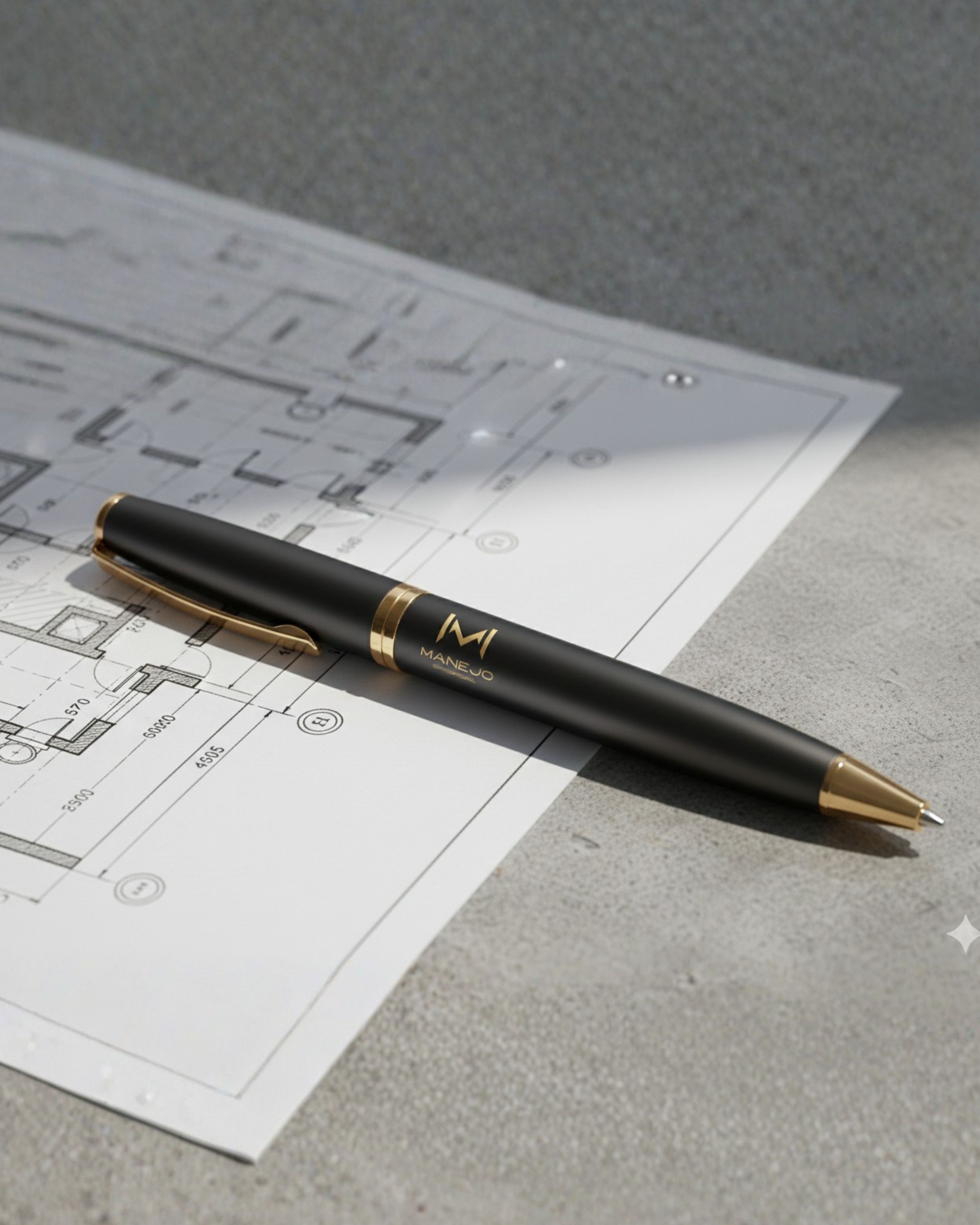 Caneta MANEJO sobre planta arquitetônica
